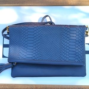 GIGI NEW YORK Navy Embossed Python Leather, Fold over clutch/ crossbody purse‎